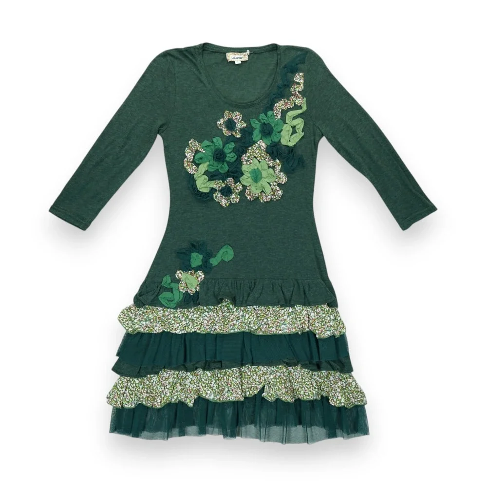 Lulumari Y2K Green 3/4 Sleeve Dress Girls Size Large Vintage